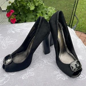 Beverly Feldman Black Calf Hair Peep Toe Heels 6M